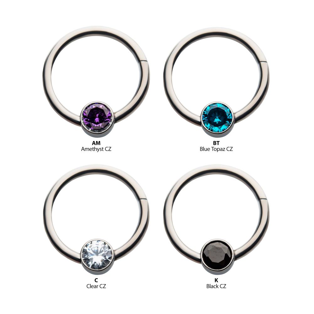 18g Titanium with Bezel Set CZ/Synthetic Opal Flat Back Front Facing Hinged Segment Ring