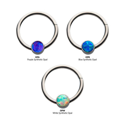 18g Titanium with Bezel Set CZ/Synthetic Opal Flat Back Front Facing Hinged Segment Ring