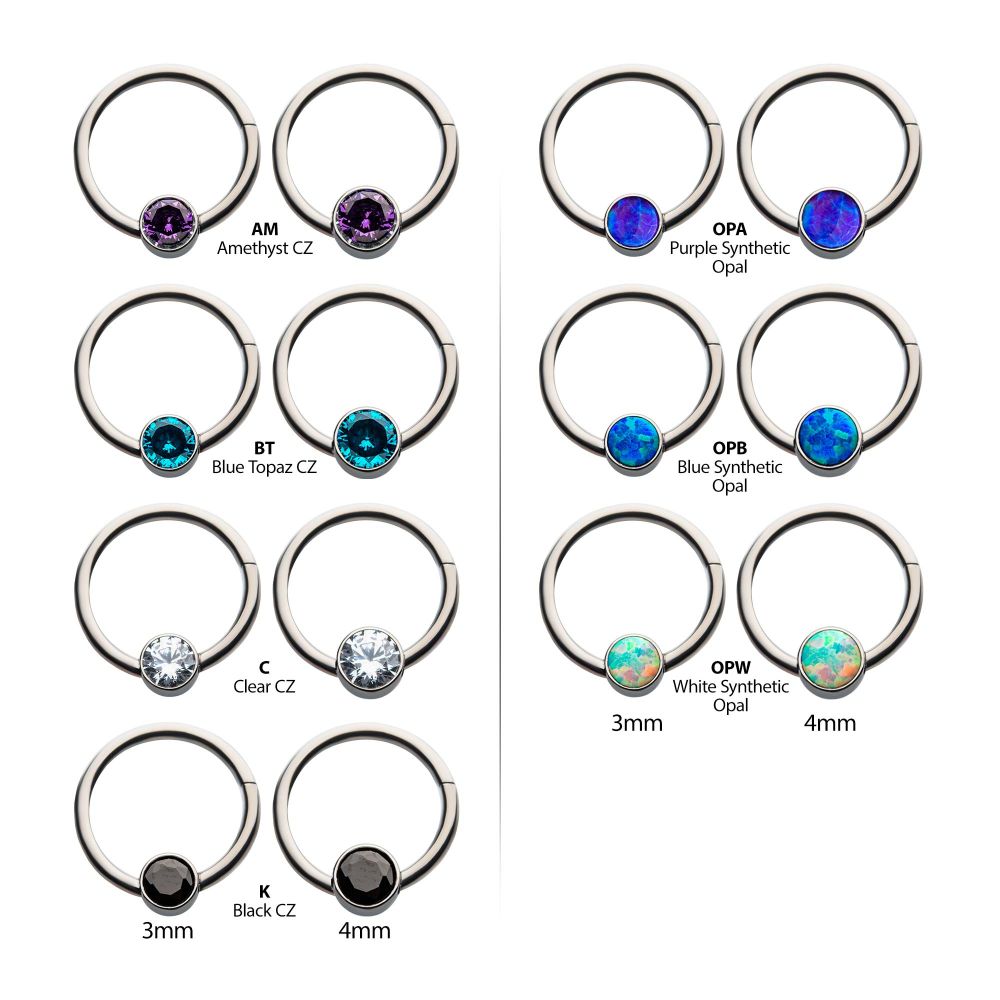18g Titanium with Bezel Set CZ/Synthetic Opal Flat Back Front Facing Hinged Segment Ring