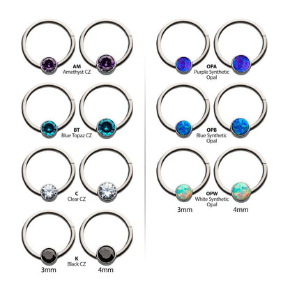 18g Titanium with Bezel Set CZ/Synthetic Opal Flat Back Front Facing Hinged Segment Ring