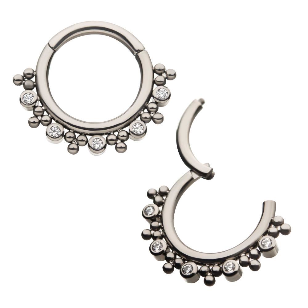 Titanium with Alternating Bezel Set CZ & Trio Beads Cluster Front Facing Hinged Segment Clicker
