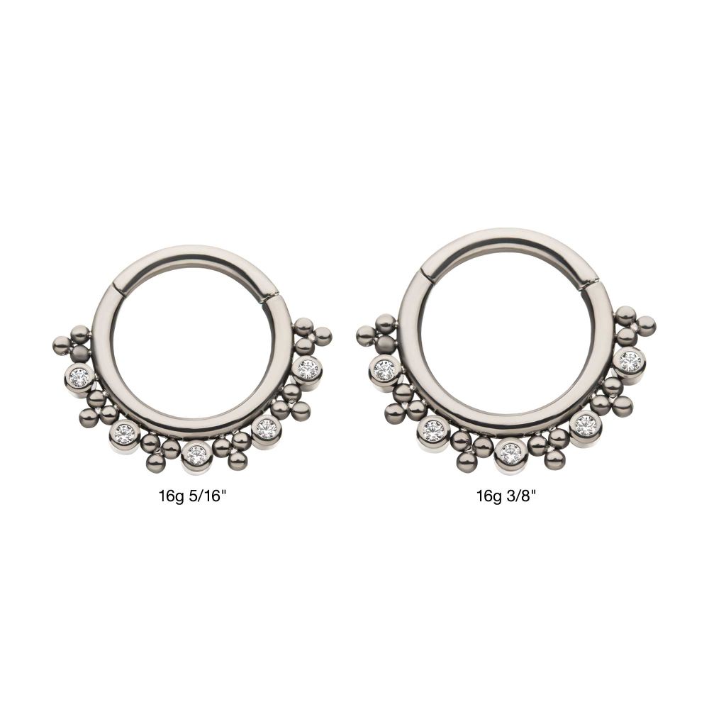 Titanium with Alternating Bezel Set CZ & Trio Beads Cluster Front Facing Hinged Segment Clicker