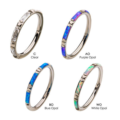 Titanium with Baguette CZ/Synthetic Opal Side Facing Hinged Segment Clicker