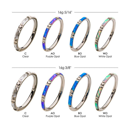 Titanium with Baguette CZ/Synthetic Opal Side Facing Hinged Segment Clicker