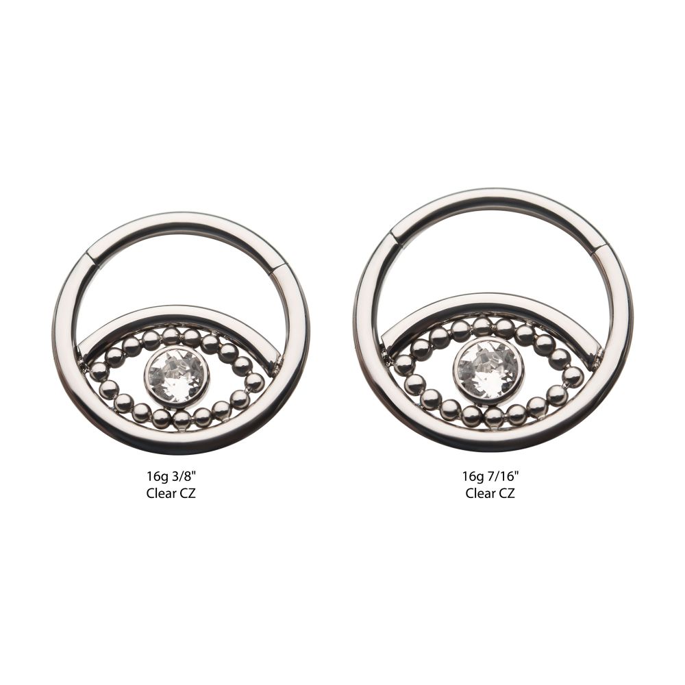 Titanium 18-Beaded Bezel Set Clear CZ Evil Eye Front Facing Hinged Segment Clicker