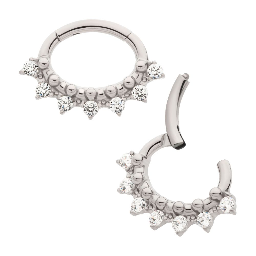Titanium Clustered Prong Set Round CZ & Beads Oval Shape Front Facing Hinged Segment Clicker