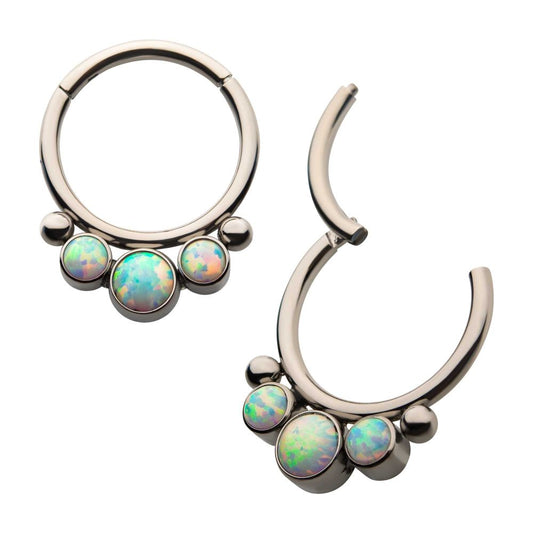 Titanium with Bezel Set 3 White Synthetic Opal & 2 Beads Front Facing Hinged Segment Clicker
