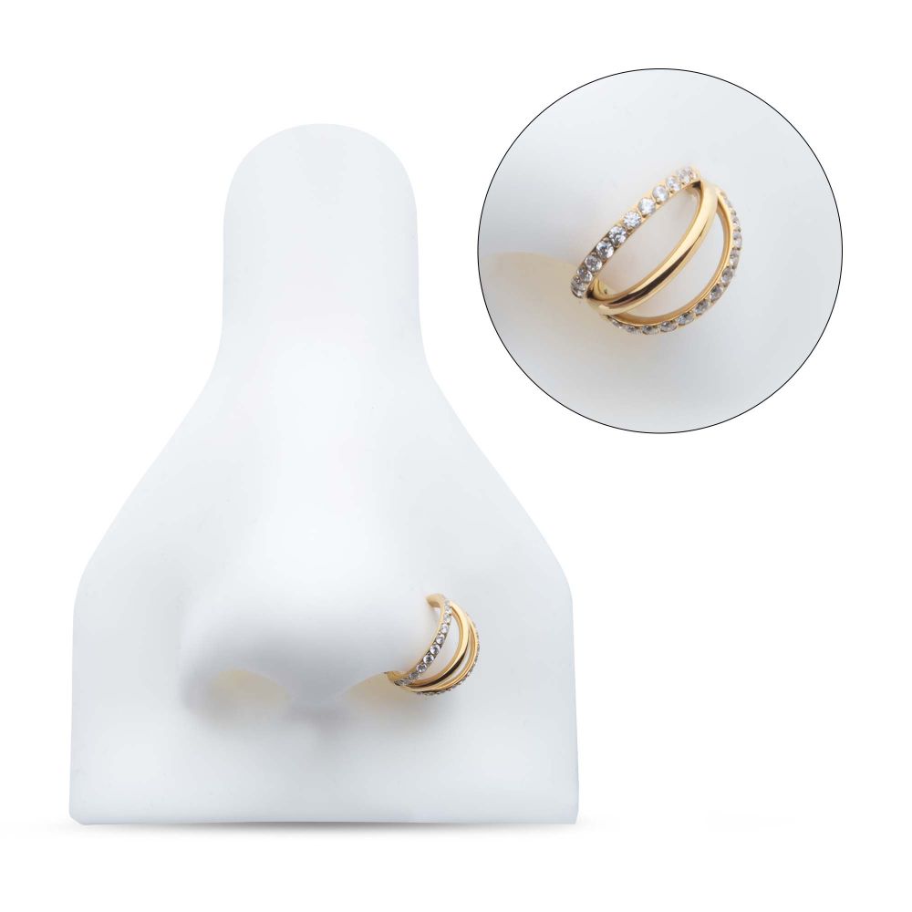24Kt Gold PVD Titanium Triple Hoop with 1mm CNC Set Round Gem in 2 Alternate Hoops Side Facing Hinged Segment Clicker