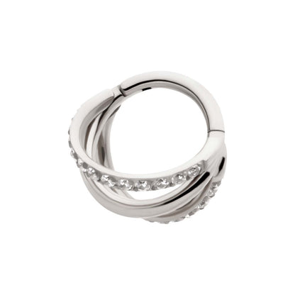 Titanium Triple Hoop with CNC Set 1mm Eternity Gem in 2 Alternate Hoops Side Facing Hinged Segment Clicker