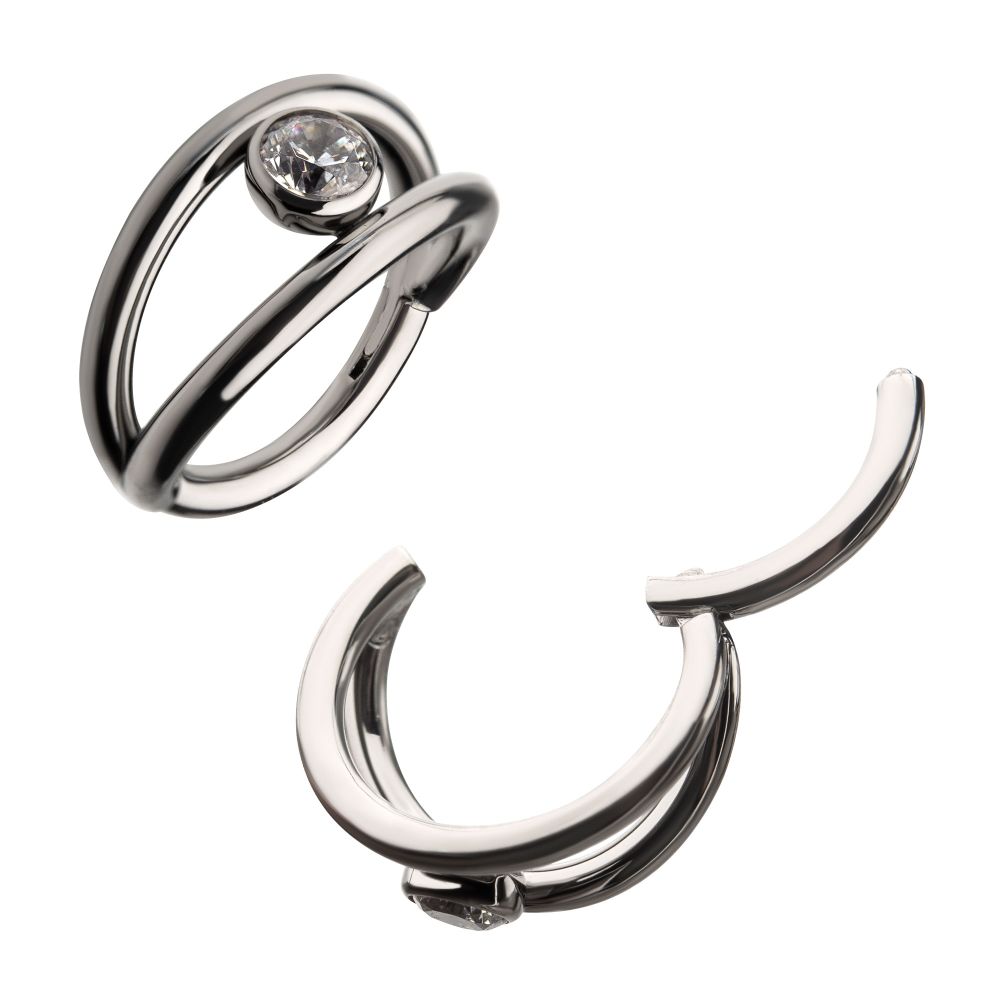 Titanium Double Hoop with Bezel Set Round Gem Side Facing Hinged Segment Clicker