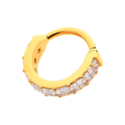 24Kt Gold PVD Titanium with Channel Set Square Princess Gem Side Facing Hinged Segment Clicker