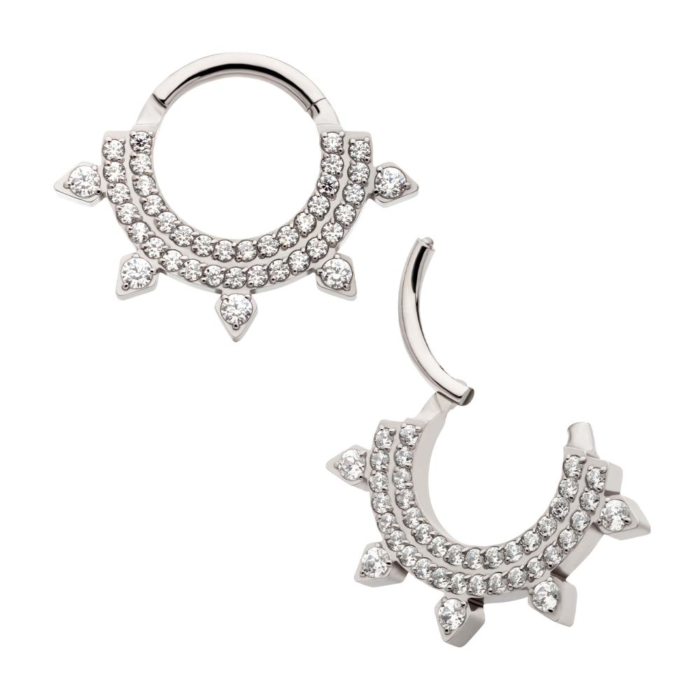 Titanium Double Row CNC Set Round CZ with 5 Round CZ Spike Edge Front Facing Hinged Segment Clicker