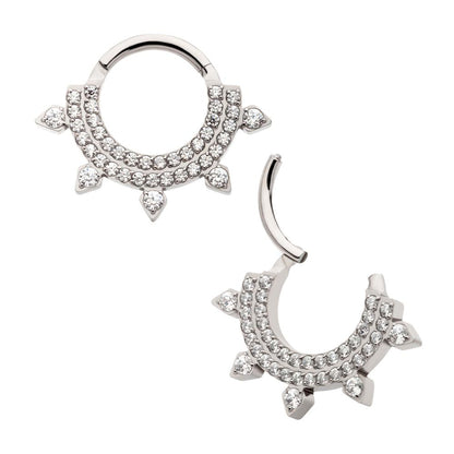 Titanium Double Row CNC Set Round CZ with 5 Round CZ Spike Edge Front Facing Hinged Segment Clicker