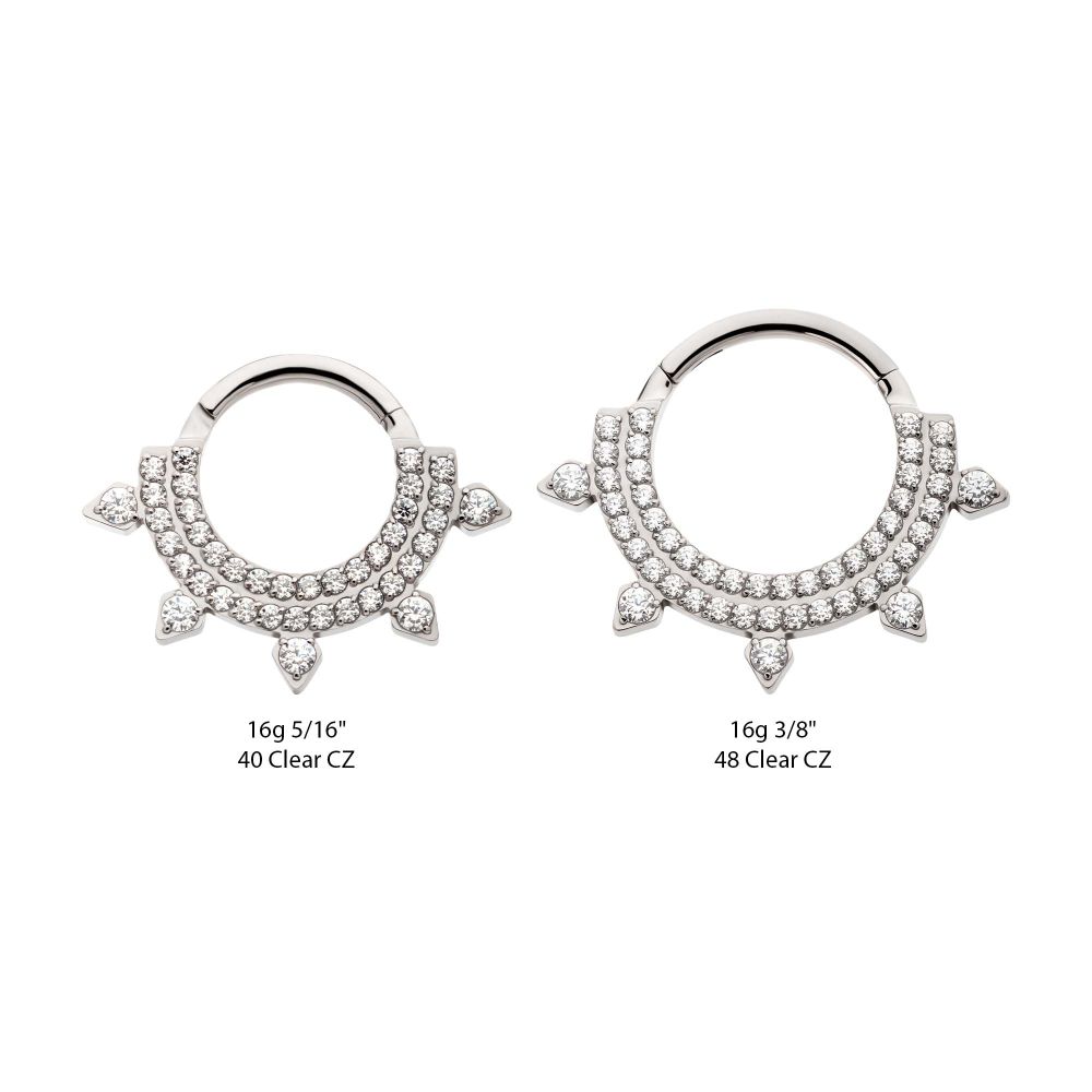 Titanium Double Row CNC Set Round CZ with 5 Round CZ Spike Edge Front Facing Hinged Segment Clicker