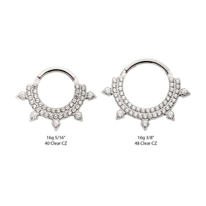 Titanium Double Row CNC Set Round CZ with 5 Round CZ Spike Edge Front Facing Hinged Segment Clicker