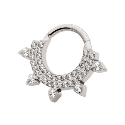 Titanium Double Row CNC Set Round CZ with 5 Round CZ Spike Edge Front Facing Hinged Segment Clicker