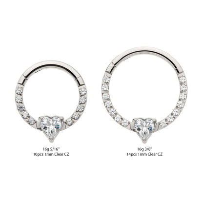 Titanium with 1mm CNC Set Full Clear CZ & Big Heart CZ Front Facing Hinged Segment Clicker