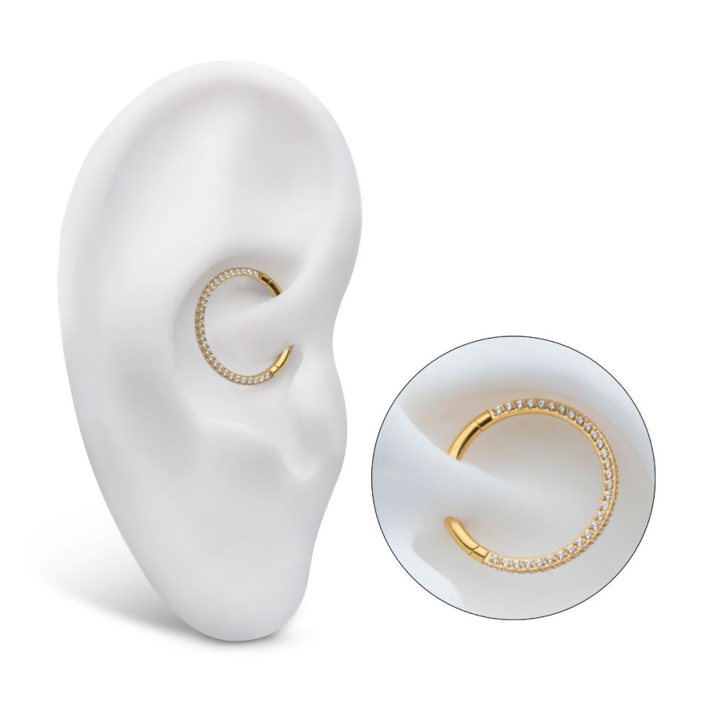 24Kt Gold PVD Titanium 3-Row Pave Set 0.8mm Round Gem Hinged Segment Clicker