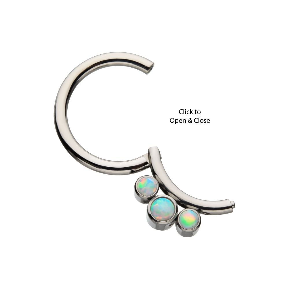Titanium Petite 3 Bezel Set White Opal Stones Set On  Hinged Segment Clicker