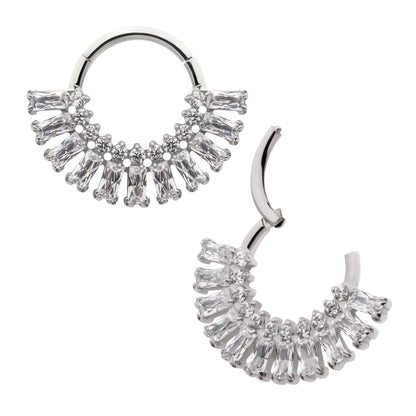 Titanium Prong Set Baguette & Round Gem Cluster Fan Front Facing Hinged Segment Clickers