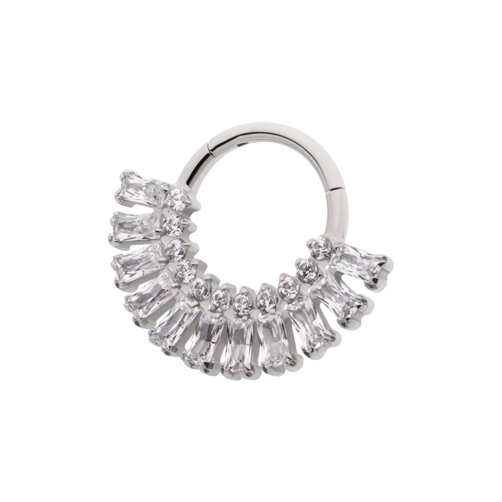 Titanium Prong Set Baguette & Round Gem Cluster Fan Front Facing Hinged Segment Clickers