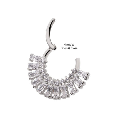 Titanium Prong Set Baguette & Round Gem Cluster Fan Front Facing Hinged Segment Clickers