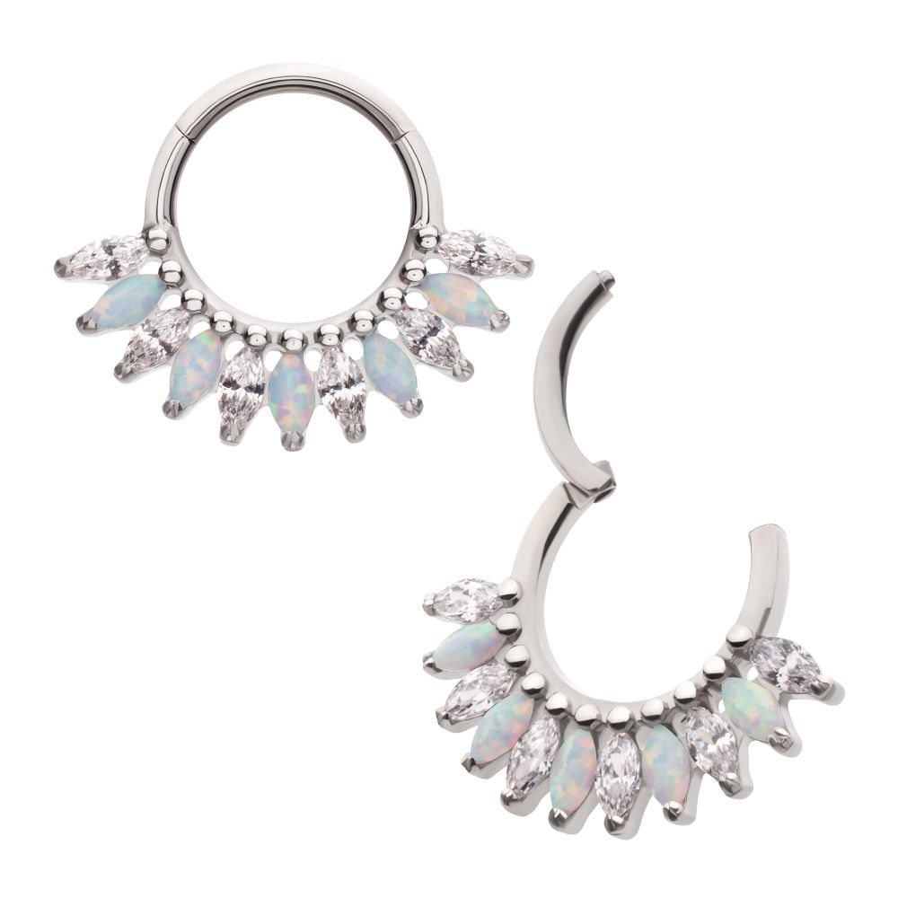 Titanium Prong Set Marquise Gem & Opal Cluster Fan Front Facing Hinged Segment Clicker
