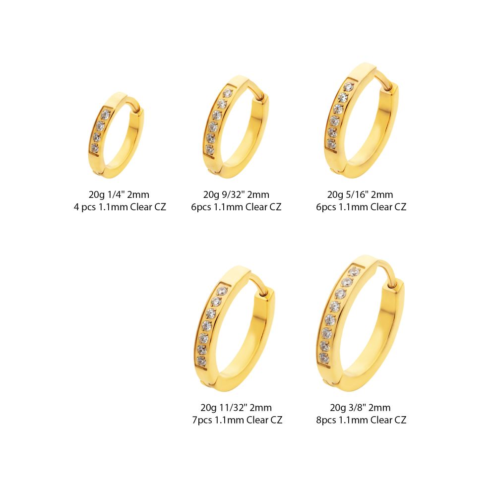 20g 24Kt Gold PVD Titanium Clear CZ Hinged Huggie Earrings
