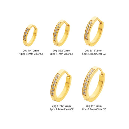 20g 24Kt Gold PVD Titanium Clear CZ Hinged Huggie Earrings