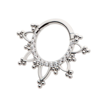 Titanium Pave Set Round CZ with Tri Beads Front Facing Hinged Segment Clicker