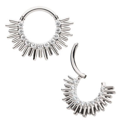 Titanium Pronged Round CZ Sun Rays Cluster Front Facing Hinged Segment Clicker
