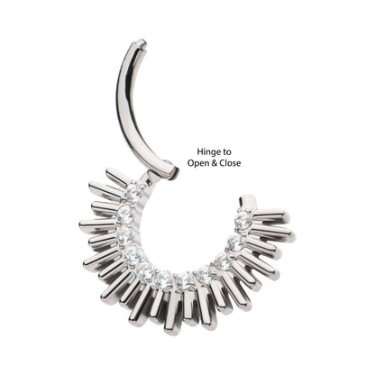Titanium Pronged Round CZ Sun Rays Cluster Front Facing Hinged Segment Clicker