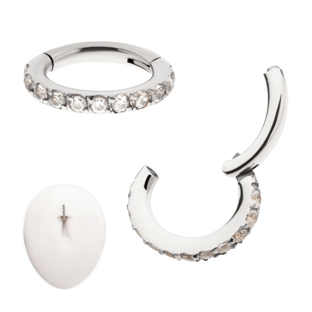 14g Titanium Oval Shape with CNC Set Full Clear CZ Hinged Segment Clicker (for Navel Piercing)