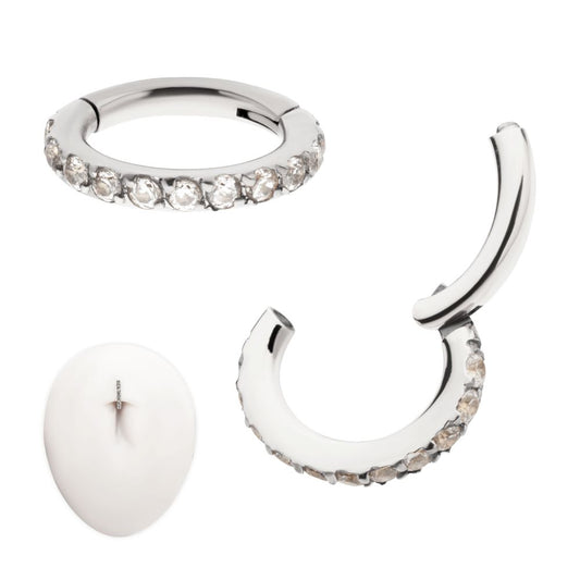 14g Titanium Oval Shape with CNC Set Full Clear CZ Hinged Segment Clicker (for Navel Piercing)