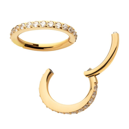 16g 24Kt Gold PVD Titanium Oval Shape with CNC Set Full Clear CZ Hinged Segment Clicker (for Rook Piercing)
