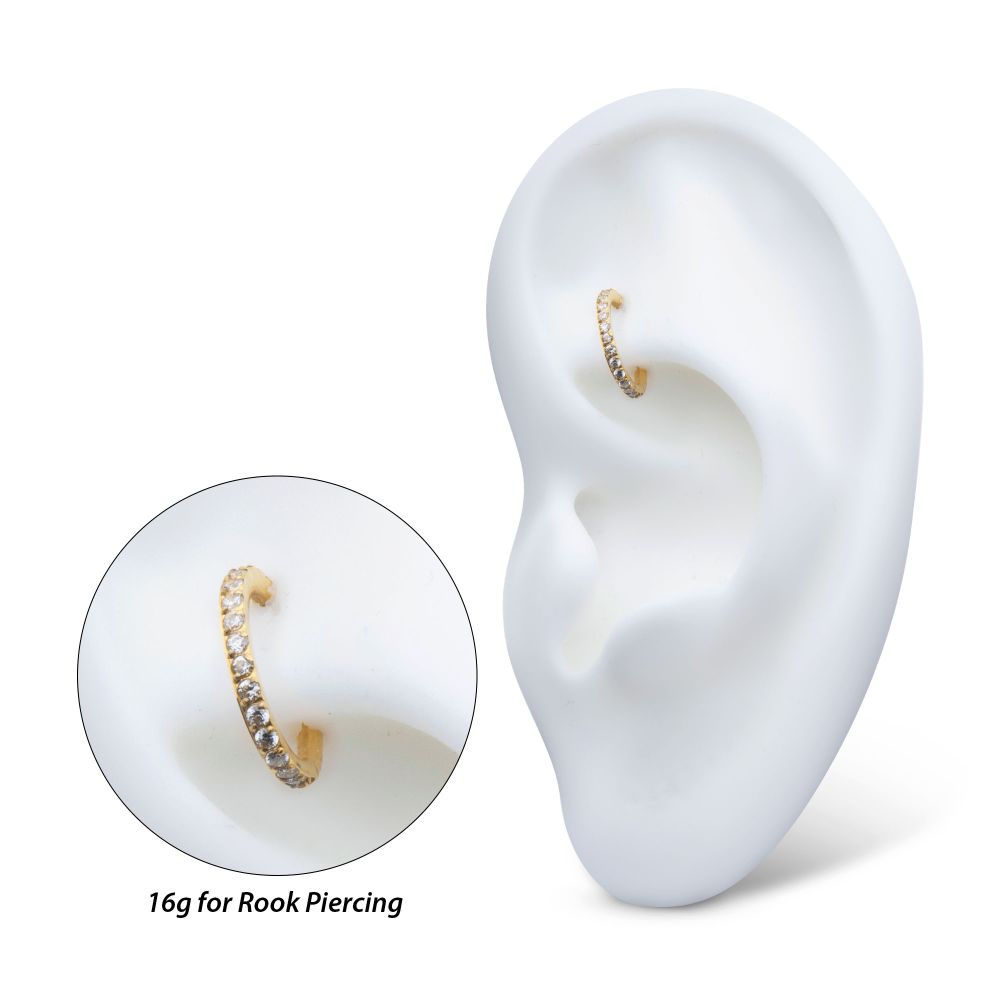 16g 24Kt Gold PVD Titanium Oval Shape with CNC Set Full Clear CZ Hinged Segment Clicker (for Rook Piercing)