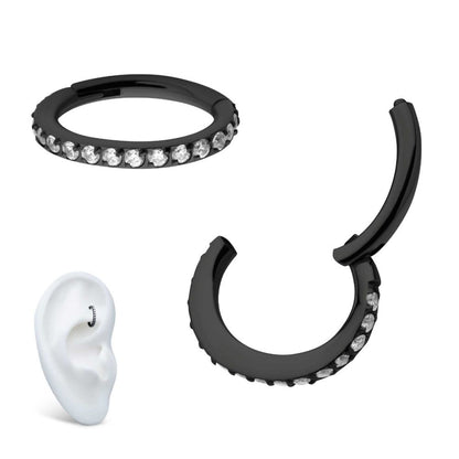 Black PVD Titanium Oval Shape with CNC Set Full Clear CZ Hinged Segment Clicker