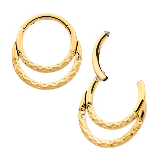 24Kt Gold PVD Titanium Hammered Double Hoop Front Facing Hinged Segment Clicker