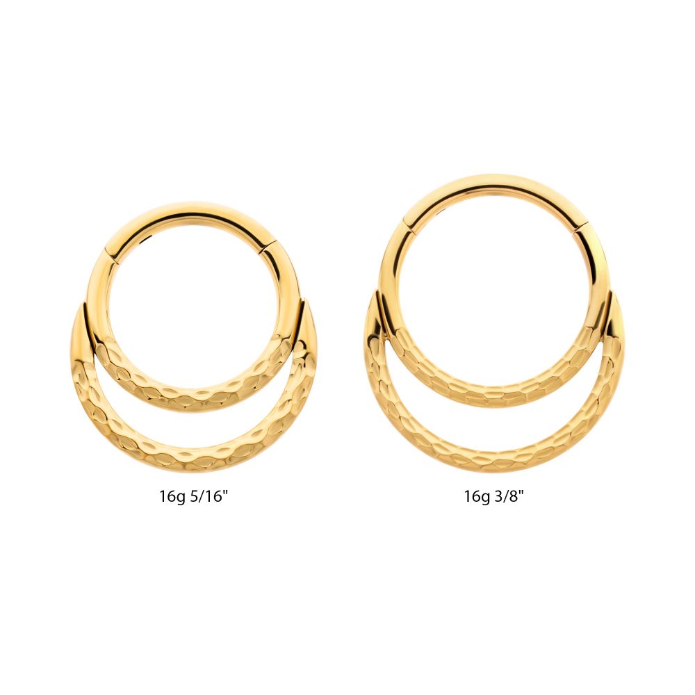 24Kt Gold PVD Titanium Hammered Double Hoop Front Facing Hinged Segment Clicker