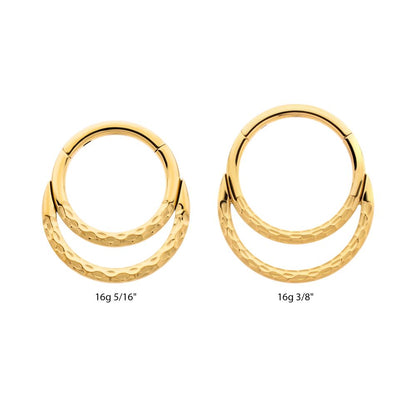 24Kt Gold PVD Titanium Hammered Double Hoop Front Facing Hinged Segment Clicker