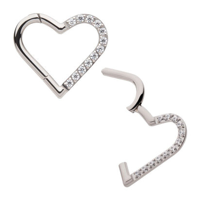 Titanium CNC Set Gem Heart Front Facing Hinged Segment Clicker (For Left Ear)