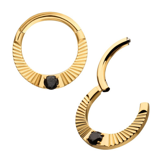 24Kt Gold PVD Titanium Radiant Hoop with Black Prong Set Gem Front Facing Hinged Segment Clicker