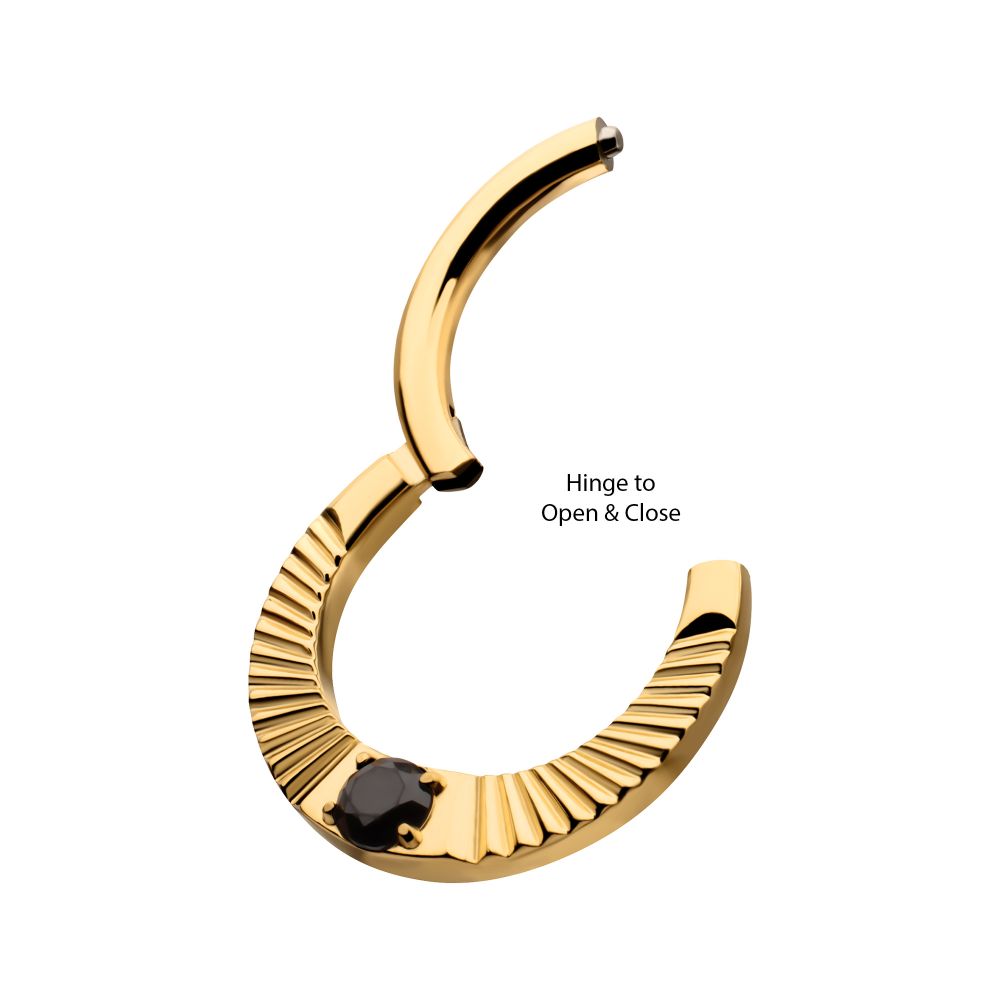 24Kt Gold PVD Titanium Radiant Hoop with Black Prong Set Gem Front Facing Hinged Segment Clicker
