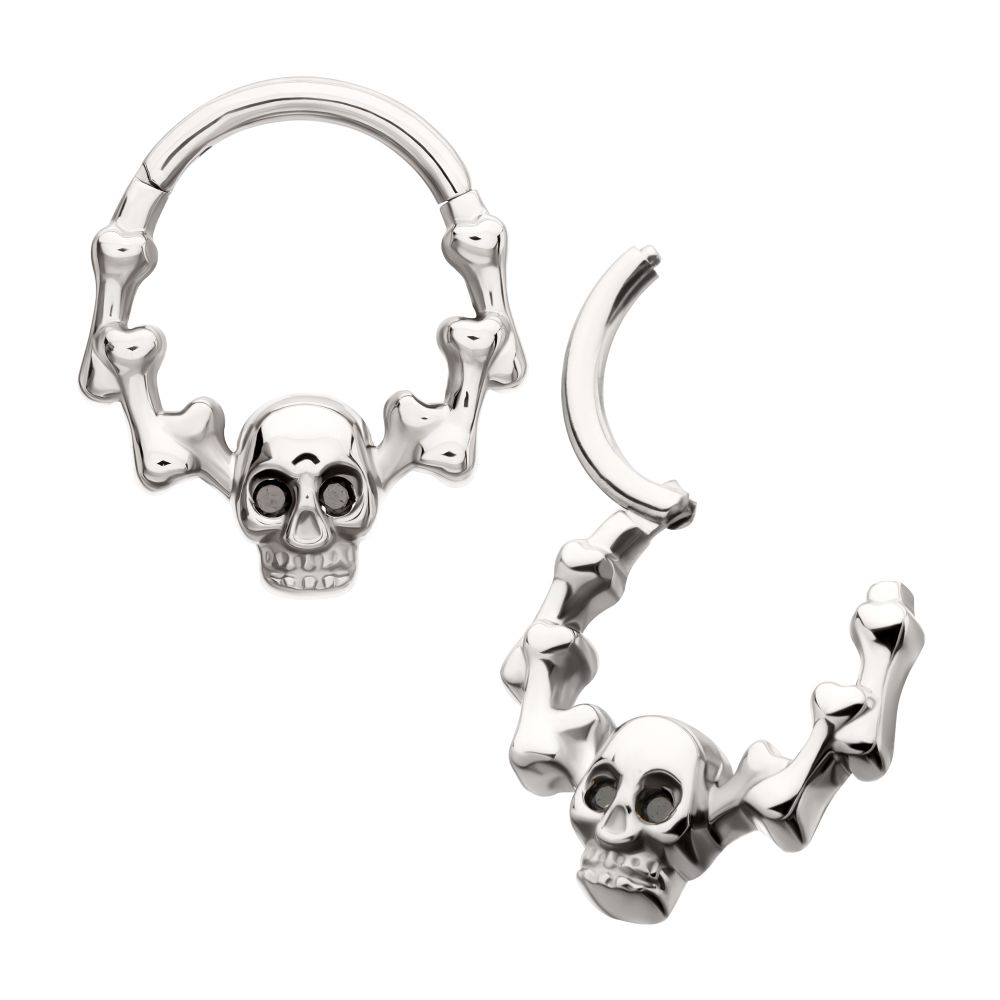 Titanium Skull & Bone with Black CZ Gem Eyes Front Facing Hinged Segment Clicker