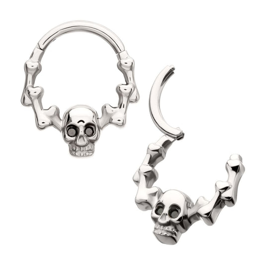 Titanium Skull & Bone with Black CZ Gem Eyes Front Facing Hinged Segment Clicker