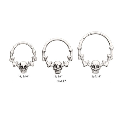Titanium Skull & Bone with Black CZ Gem Eyes Front Facing Hinged Segment Clicker