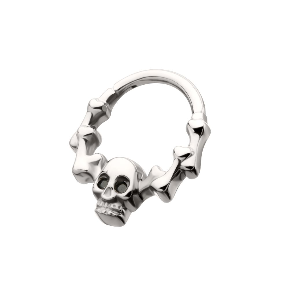 Titanium Skull & Bone with Black CZ Gem Eyes Front Facing Hinged Segment Clicker