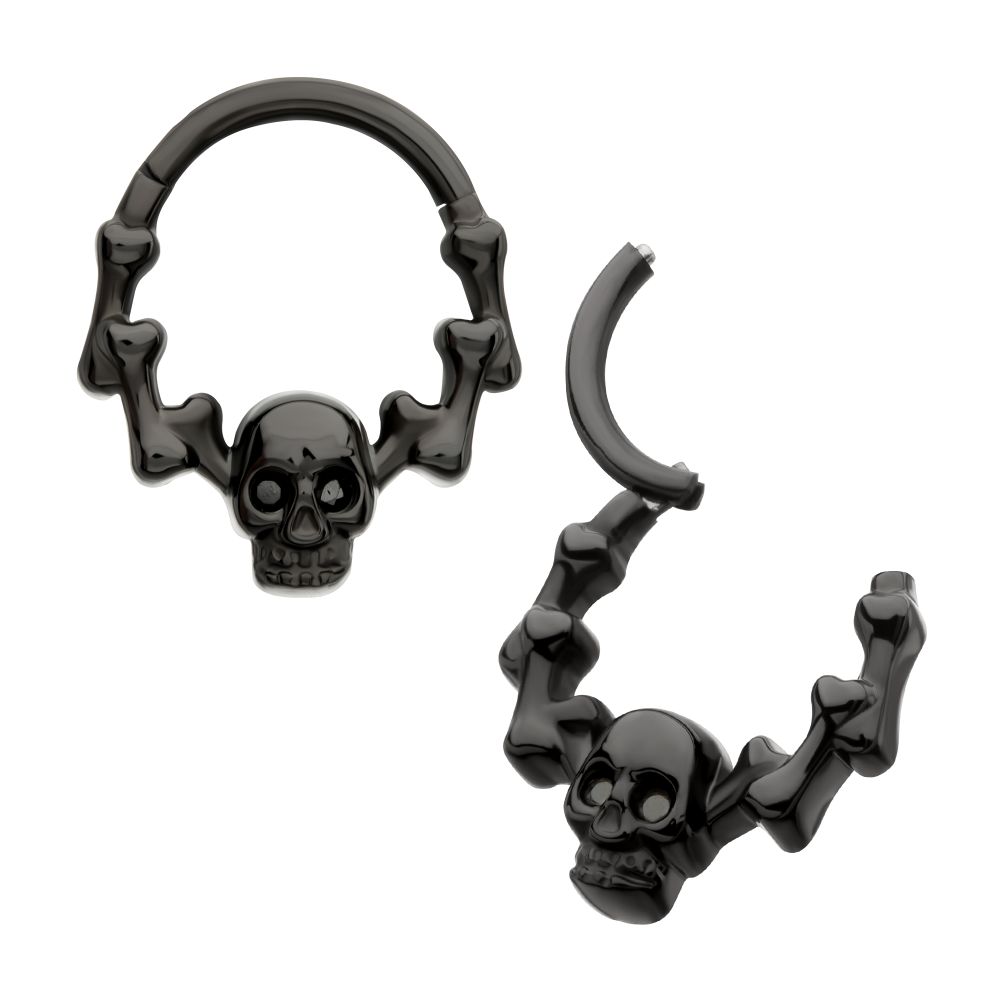 Black PVD Titanium Skull & Bone with Black CZ Gem Eyes Front Facing Hinged Segment Clicker