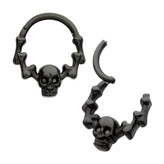Black PVD Titanium Skull & Bone with Black CZ Gem Eyes Front Facing Hinged Segment Clicker
