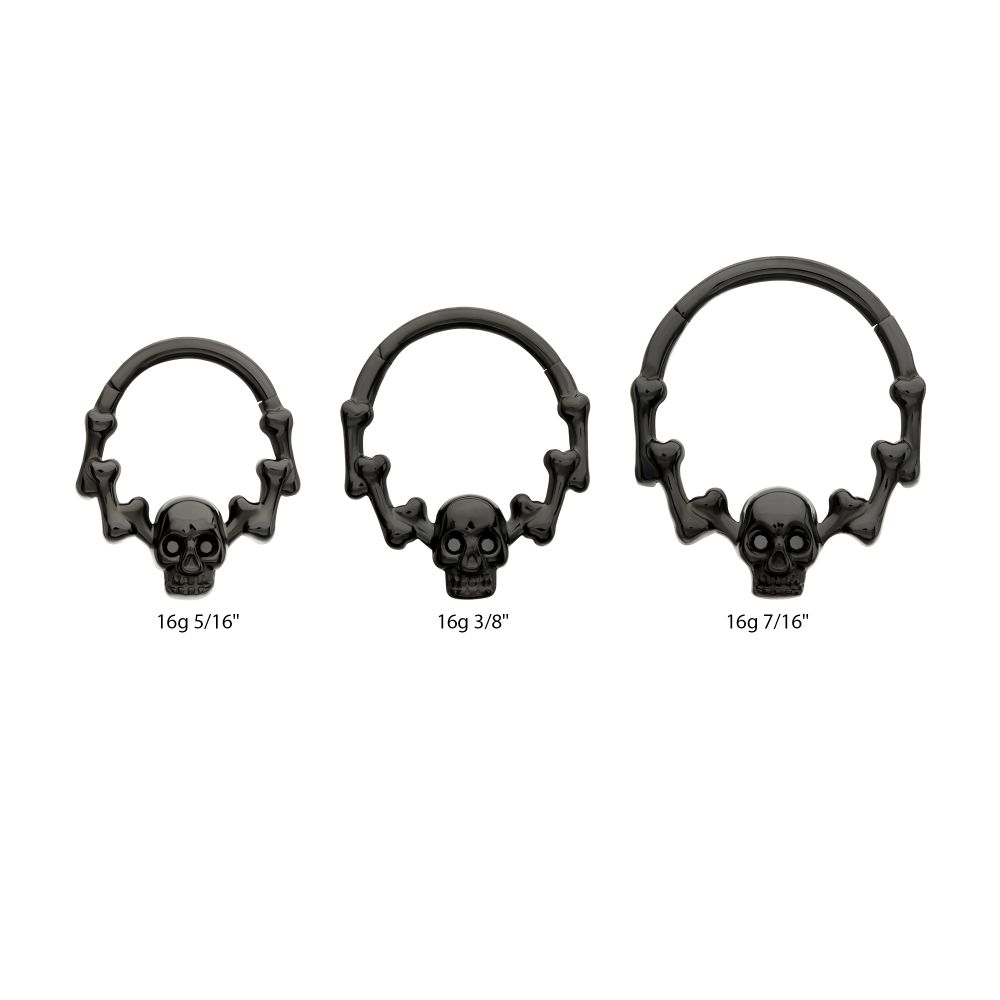 Black PVD Titanium Skull & Bone with Black CZ Gem Eyes Front Facing Hinged Segment Clicker